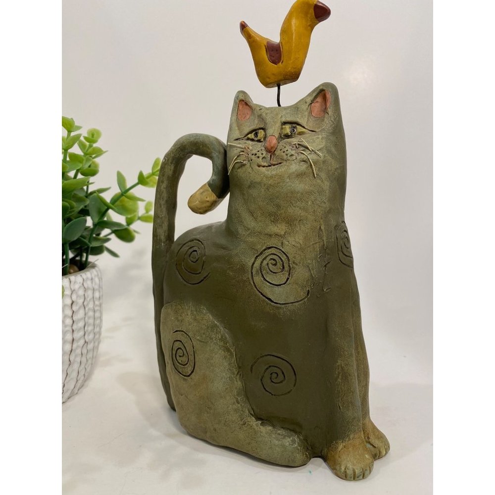 E.R.S. Artist Signed Folklore Cat with Bird on Head Sculpture /Vintage/Rare/Cat